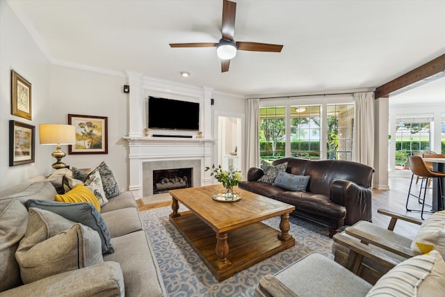 15411 Parkwood Way, Houston, TX 77059 - living area with a ceiling fan, wood finished floors, a fireplace, and crown molding