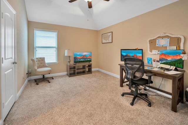 510 Pearl View Ln, Pinehurst, TX 77362 - home office with carpet, lofted ceiling, a ceiling fan, and baseboards