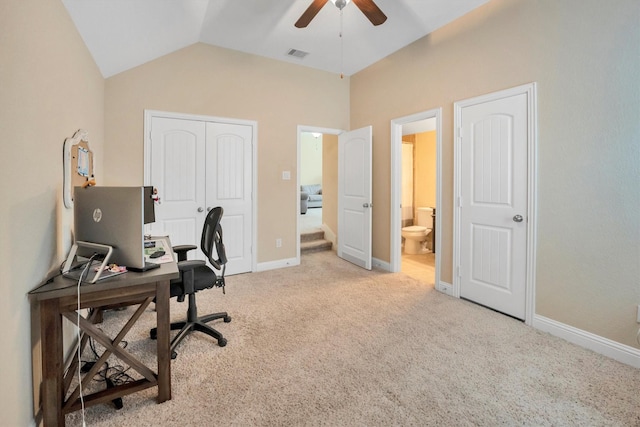 510 Pearl View Ln, Pinehurst, TX 77362 - office space with a ceiling fan, vaulted ceiling, carpet, and baseboards