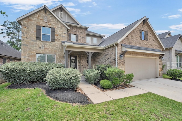 510 Pearl View Ln, Pinehurst, TX 77362 - view of front of property with concrete driveway, stone siding, brick siding, and a front yard