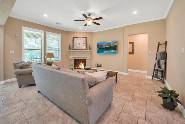 510 Pearl View Ln, Pinehurst, TX 77362 - living area featuring a ceiling fan, baseboards, a warm lit fireplace, recessed lighting, and crown molding