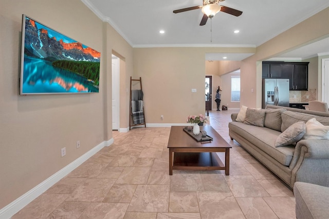 510 Pearl View Ln, Pinehurst, TX 77362 - living area with crown molding, ceiling fan, baseboards, recessed lighting, and light stone finish floors