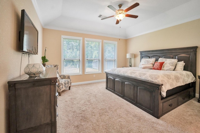 510 Pearl View Ln, Pinehurst, TX 77362 - bedroom featuring a tray ceiling, light carpet, crown molding, a ceiling fan, and baseboards