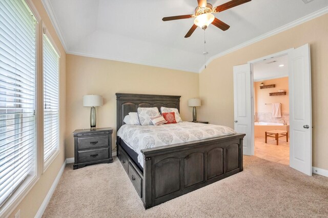 510 Pearl View Ln, Pinehurst, TX 77362 - bedroom with light carpet, crown molding, baseboards, and a ceiling fan