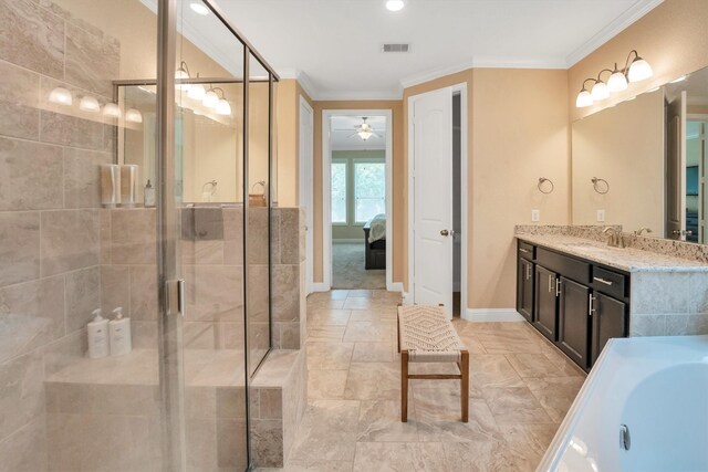 510 Pearl View Ln, Pinehurst, TX 77362 - full bathroom with ornamental molding, a stall shower, ceiling fan, a garden tub, and vanity