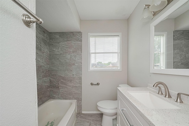 full bathroom featuring vanity, toilet, and washtub / shower combination