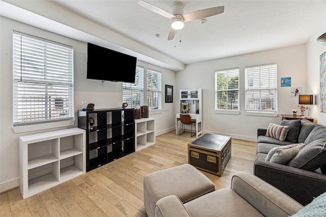 822 Reinicke St, Houston, TX 77007 - living room featuring light wood finished floors, ceiling fan, and baseboards