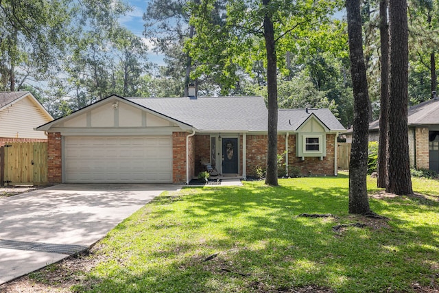 13 Leverwood Ct, The Woodlands, TX 77381 - single story home with a garage, concrete driveway, brick siding, and a shingled roof