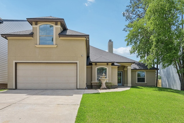 12885 Andromeda Ct, Willis, TX 77318 - view of front of home with concrete driveway, a front yard, stucco siding, a chimney, and a shingled roof