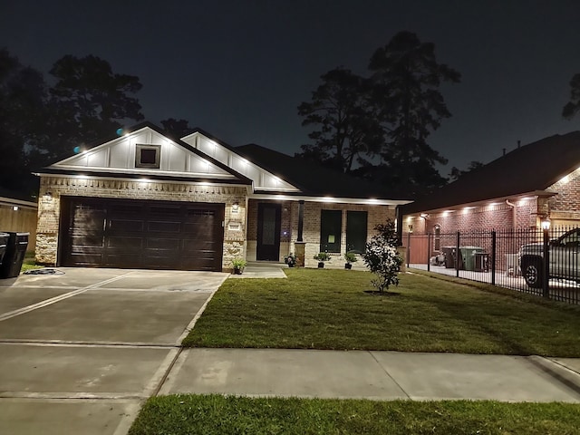 view of front of home featuring concrete driveway, a garage, board and batten siding, and brick siding