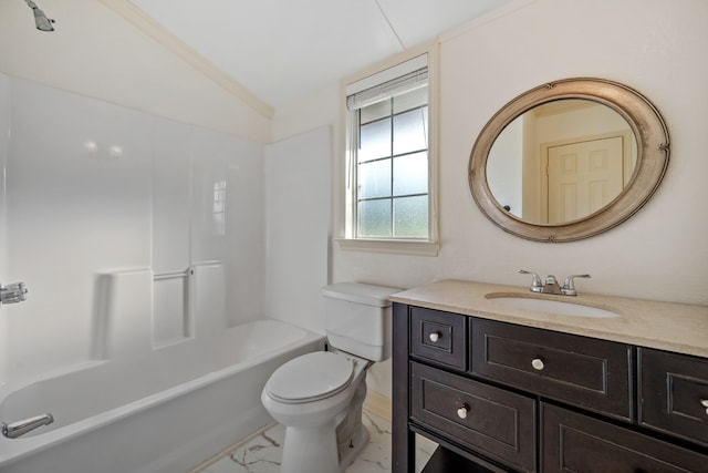 381 N Shady Oaks Dr, Point Blank, TX 77364 - full bathroom featuring marble finish floors, toilet, vanity, vaulted ceiling, and bathtub / shower combination