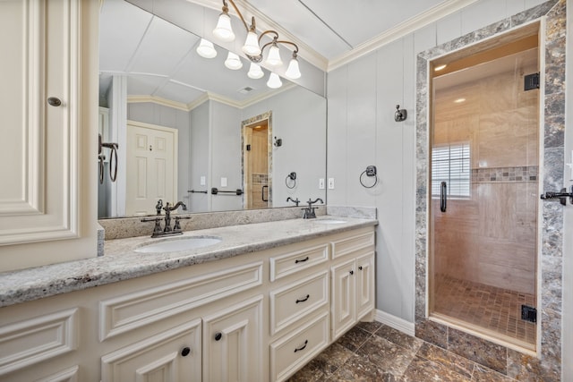 381 N Shady Oaks Dr, Point Blank, TX 77364 - full bath with ornamental molding, a stall shower, double vanity, and baseboards