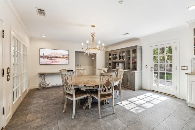 dining space with a chandelier, crown molding, baseboards, and recessed lighting