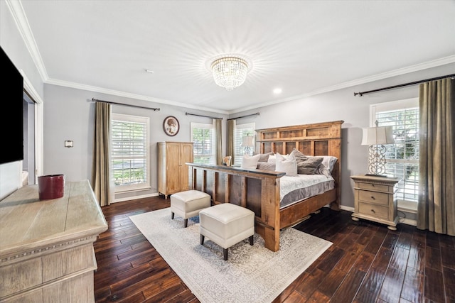 bedroom featuring ornamental molding, a chandelier, dark wood-style flooring, baseboards, and recessed lighting