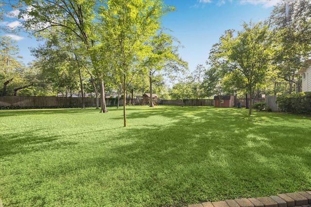 view of yard featuring a playground, a storage shed, and an outdoor structure