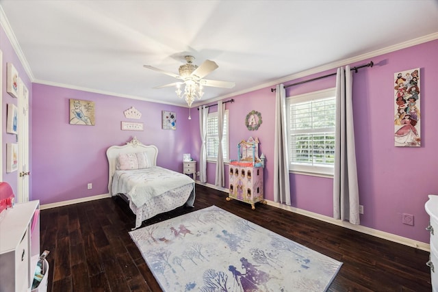 bedroom with ornamental molding, hardwood / wood-style floors, baseboards, and a ceiling fan