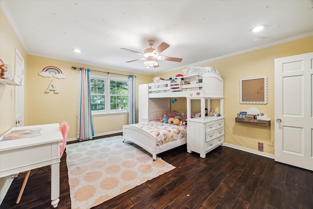 bedroom with crown molding, baseboards, dark wood-style floors, a ceiling fan, and recessed lighting