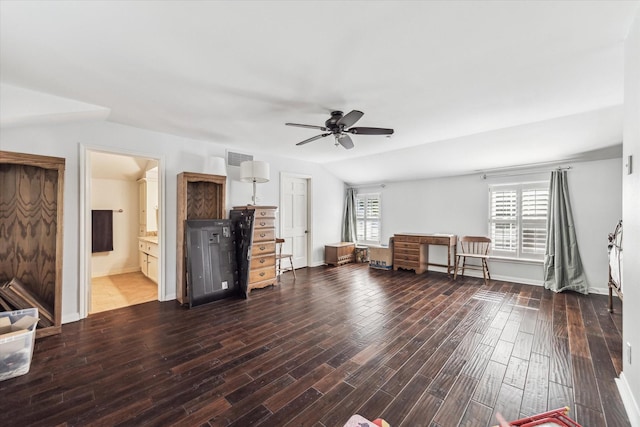 living area featuring ceiling fan, wood finished floors, and baseboards