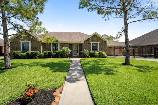 ranch-style home with brick siding and a shingled roof