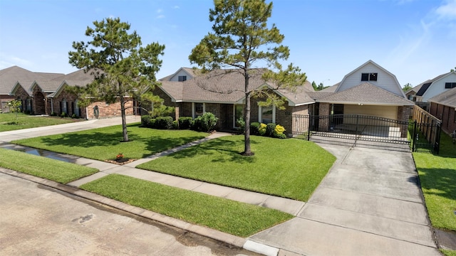 view of front of house with a gate, driveway, and brick siding