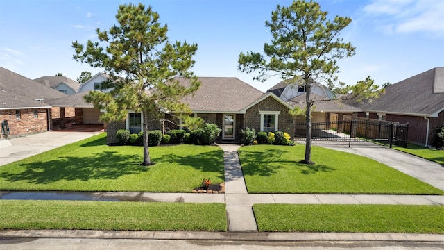 view of front of property featuring driveway, a gate, brick siding, and an attached garage