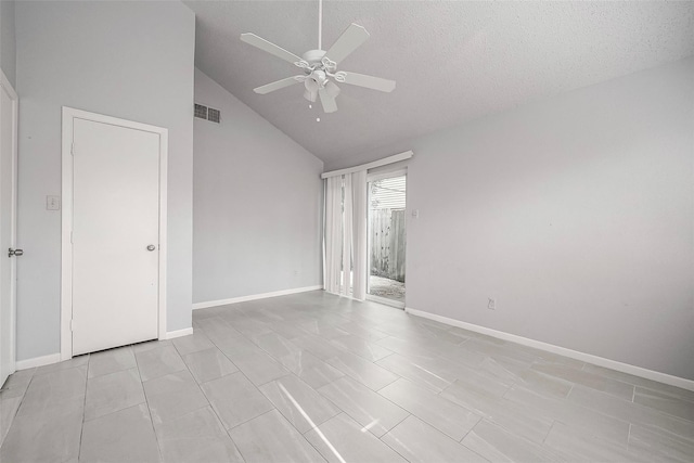 11526 Sands Point Dr, Houston, TX 77072 - spare room featuring ceiling fan, high vaulted ceiling, and baseboards
