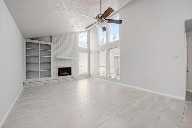 11526 Sands Point Dr, Houston, TX 77072 - unfurnished living room with a textured ceiling, healthy amount of natural light, a ceiling fan, built in shelves, and vaulted ceiling