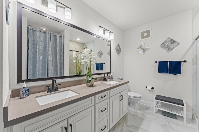 6804 Westview Dr Unit 2207, Houston, TX 77055 - bathroom with toilet, baseboards, a shower with shower curtain, marble finish flooring, and double vanity