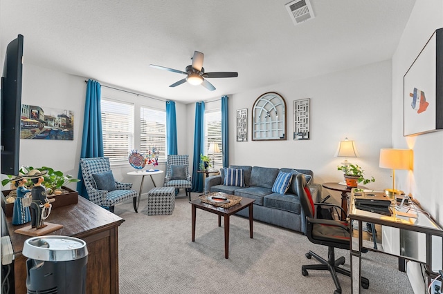 6804 Westview Dr Unit 2207, Houston, TX 77055 - living room featuring a ceiling fan, light colored carpet, and an office area