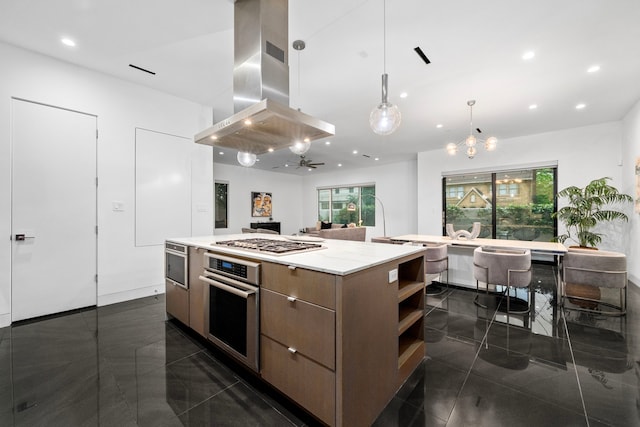 kitchen with stainless steel appliances, island exhaust hood, modern cabinets, open shelves, and a center island
