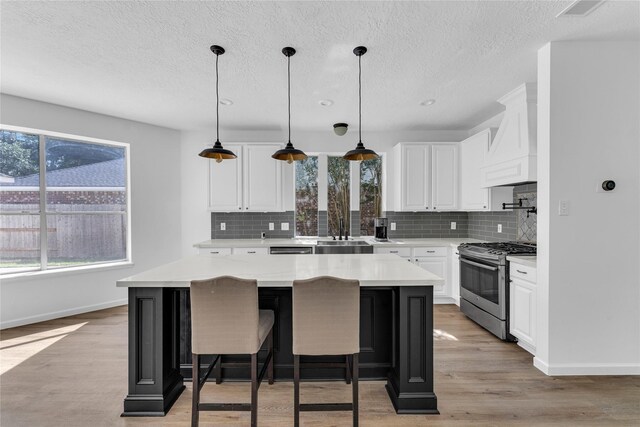 16219 Haden Crest Ct, Cypress, TX 77429 - kitchen featuring stainless steel range with gas cooktop, a sink, premium range hood, decorative backsplash, and baseboards