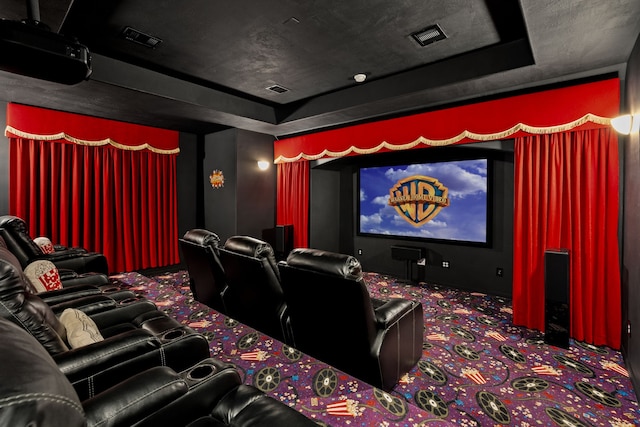 carpeted home theater featuring a raised ceiling