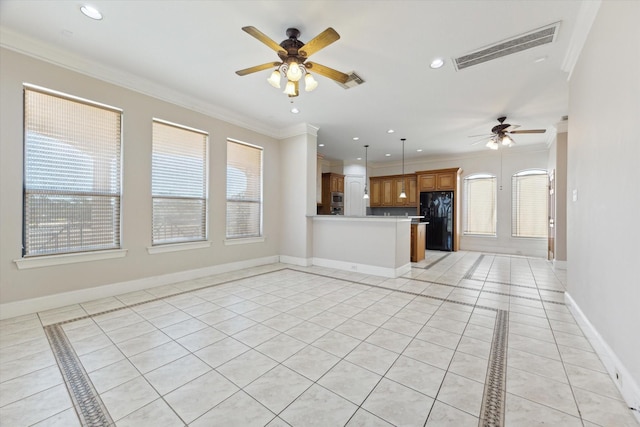 unfurnished living room featuring a ceiling fan, light tile patterned floors, baseboards, crown molding, and recessed lighting