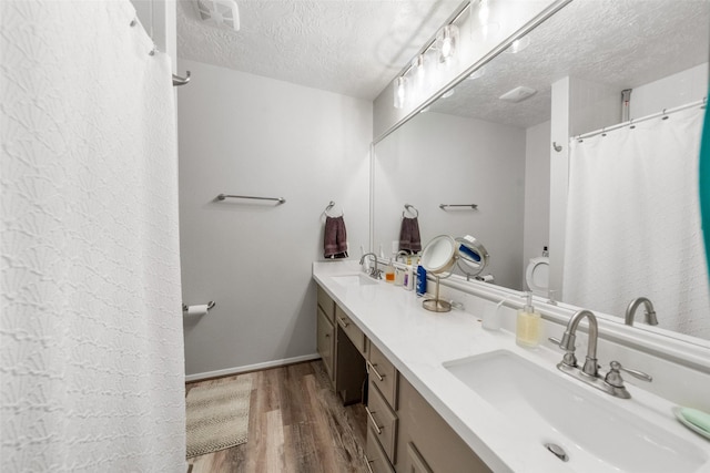 1924 Clipper Ct, Willis, TX 77318 - full bath with wood finished floors, a textured ceiling, double vanity, and a shower with shower curtain