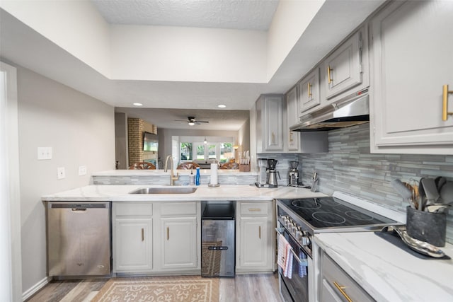 1924 Clipper Ct, Willis, TX 77318 - kitchen with stainless steel appliances, under cabinet range hood, a sink, light wood-type flooring, and a textured ceiling