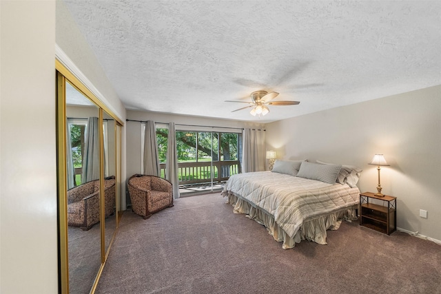 1924 Clipper Ct, Willis, TX 77318 - bedroom with access to exterior, carpet flooring, a closet, a textured ceiling, and ceiling fan