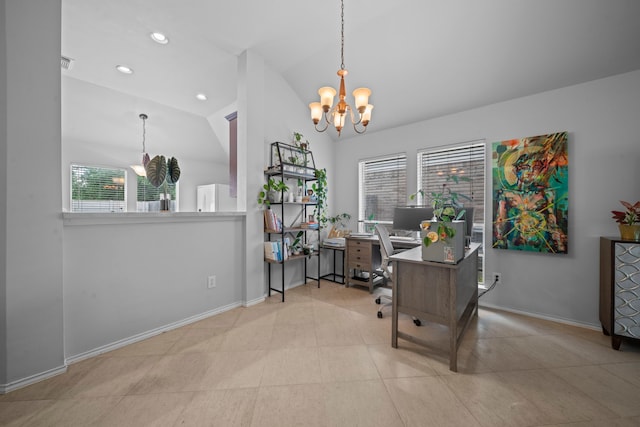 office area featuring a chandelier, lofted ceiling, baseboards, and recessed lighting