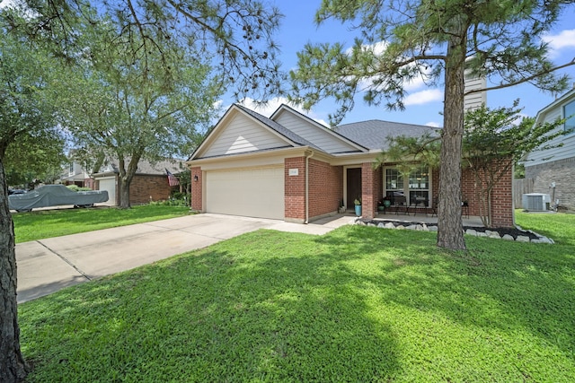 single story home featuring an attached garage, concrete driveway, cooling unit, brick siding, and a front yard