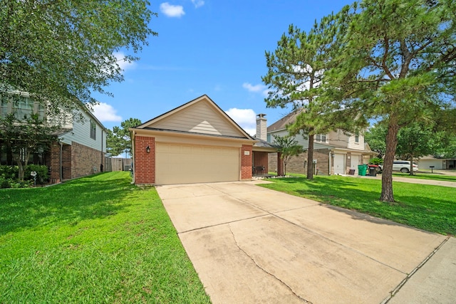 view of front facade with brick siding, a garage, concrete driveway, and a front lawn