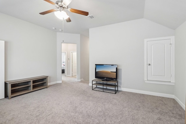 531 Campbell Dr, League City, TX 77573 - unfurnished living room with carpet, a ceiling fan, baseboards, and lofted ceiling