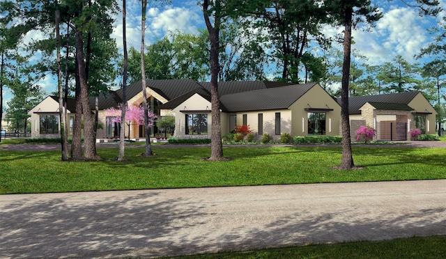 1 Steeldust Ct, Tomball, TX 77377 - modern farmhouse style home featuring metal roof, a front lawn, stone siding, and stucco siding