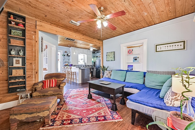5005 Avenue N Rear Ave N, Rear, Galveston, TX 77551 - living area featuring wood ceiling, a ceiling fan, wood finished floors, and wooden walls