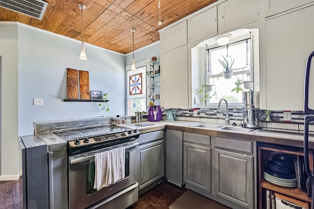 5005 Avenue N Rear Ave N, Rear, Galveston, TX 77551 - kitchen featuring stainless steel range with electric cooktop, a sink, wooden ceiling, gray cabinets, and dark wood finished floors