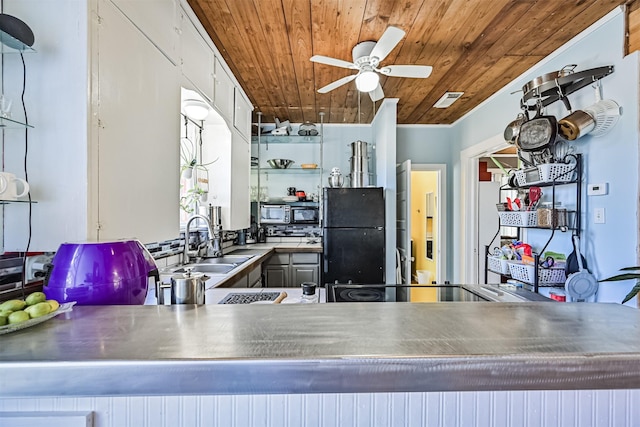 5005 Avenue N Rear Ave N, Rear, Galveston, TX 77551 - kitchen with stainless steel counters, freestanding refrigerator, wood ceiling, a sink, and a ceiling fan