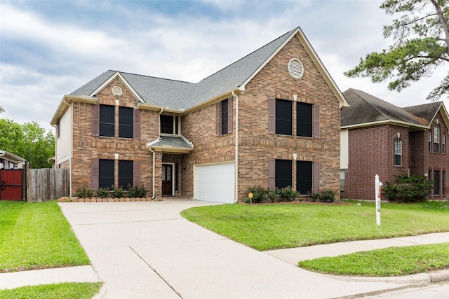 view of front of home featuring driveway, an attached garage, brick siding, and a shingled roof