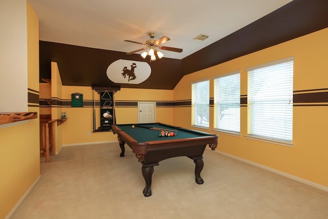 10606 Maidstone Manor Ct, Spring, TX 77379 - playroom featuring pool table, a ceiling fan, light carpet, baseboards, and vaulted ceiling