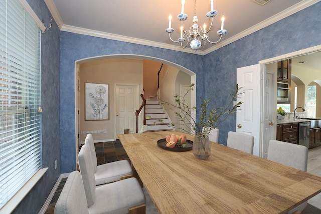 10606 Maidstone Manor Ct, Spring, TX 77379 - dining space featuring arched walkways, crown molding, stairs, a chandelier, and baseboards