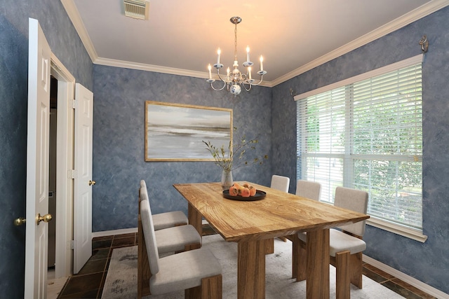 10606 Maidstone Manor Ct, Spring, TX 77379 - dining area with plenty of natural light, a chandelier, baseboards, ornamental molding, and tile patterned flooring