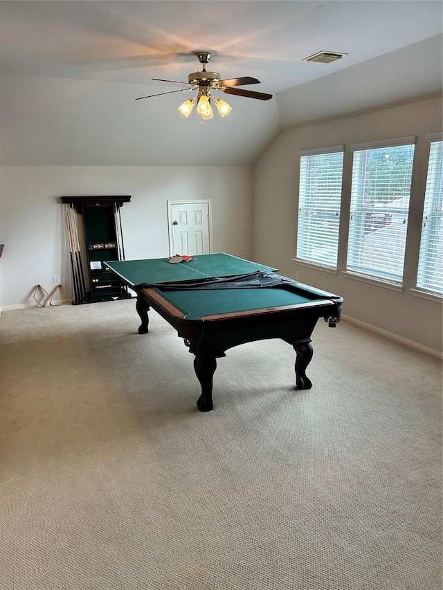 10606 Maidstone Manor Ct, Spring, TX 77379 - playroom featuring vaulted ceiling, billiards, carpet floors, and ceiling fan