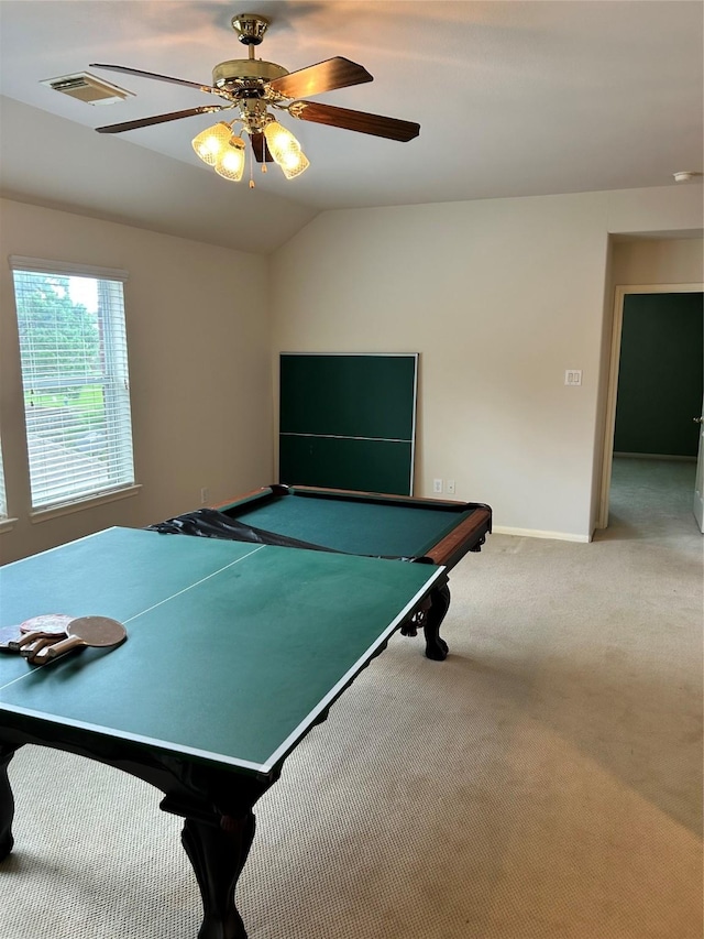 10606 Maidstone Manor Ct, Spring, TX 77379 - recreation room with carpet, ceiling fan, and lofted ceiling